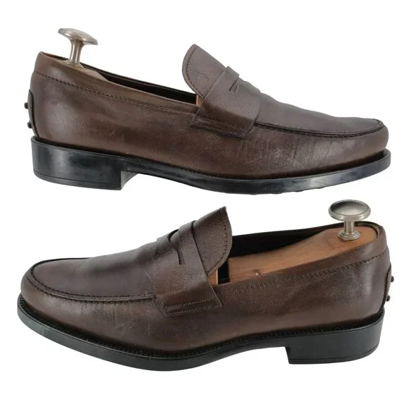 Tod's Italy Brown Leather Penny Loafers Mens size 9 Dress Shoes Driving Slip-ons - Picture 10 of 13